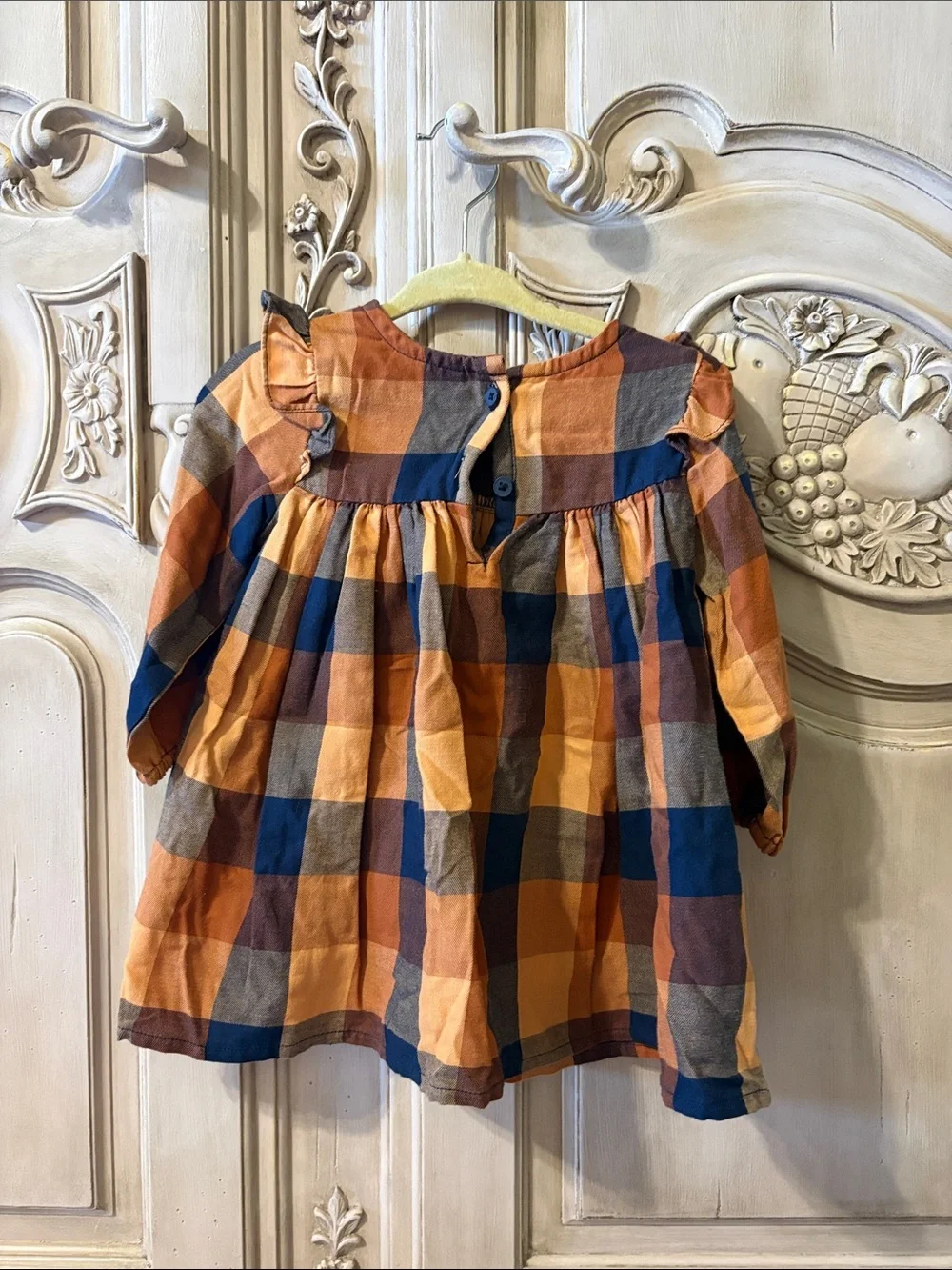 The Children's Place Orange & Navy Plaid Ruffle-Sleeve Dress Top